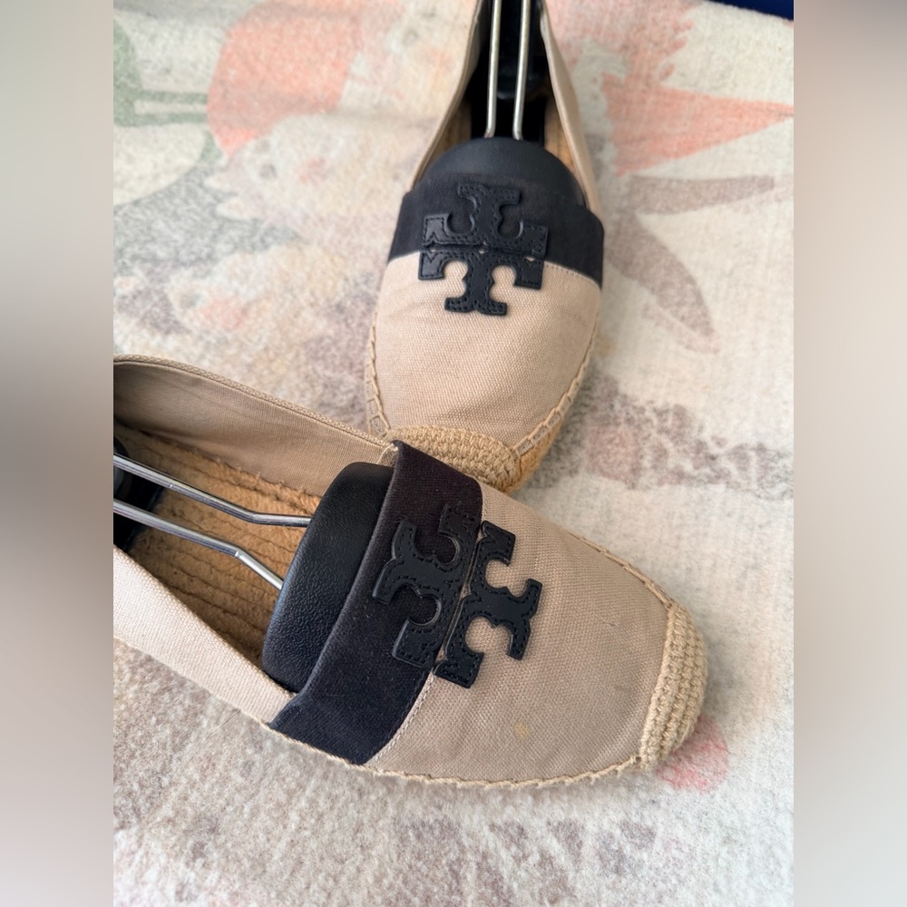 Tory Burch Beige Canvas Espadrille Flats with Black Logo Band